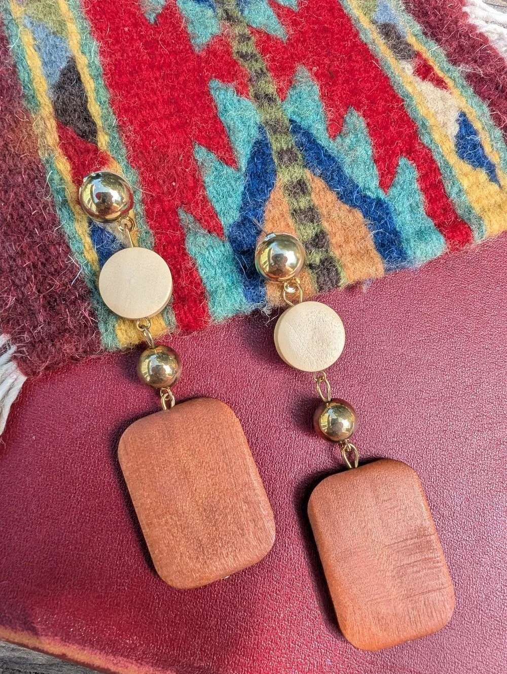 Wood and Gold Drop Earrings - Brown and Gold Chunky Earrings